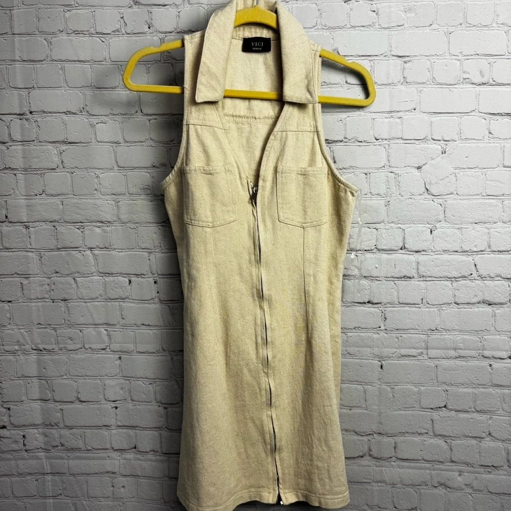 Vici neutral beige safari zip up sleeveless mini dress medium bodycon retro chic - Picture 2 of 7